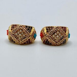 D'Orlan Buried Treasure Earrings Multi Color Crystal Faux Pearl Coral Turquoise